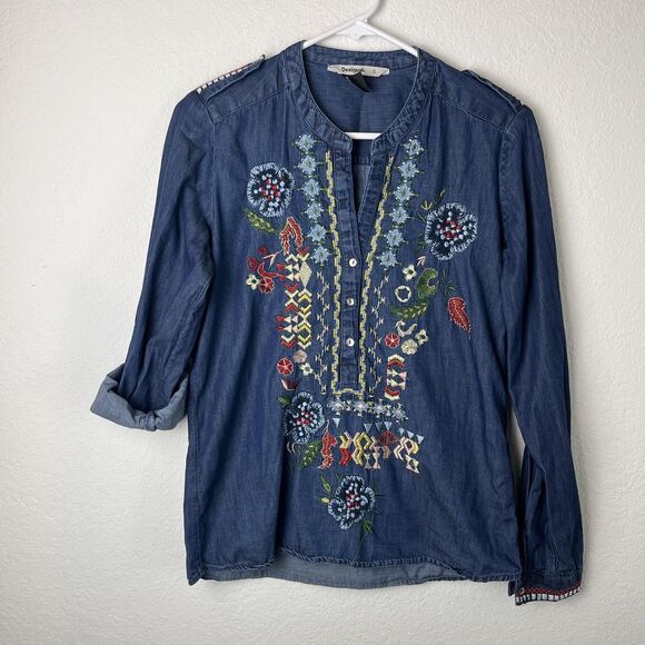 Desigual Shirt Womens Small Blue Embroidered Chambray Boho Henley Tunic 17WWBD03 - Picture 1 of 8